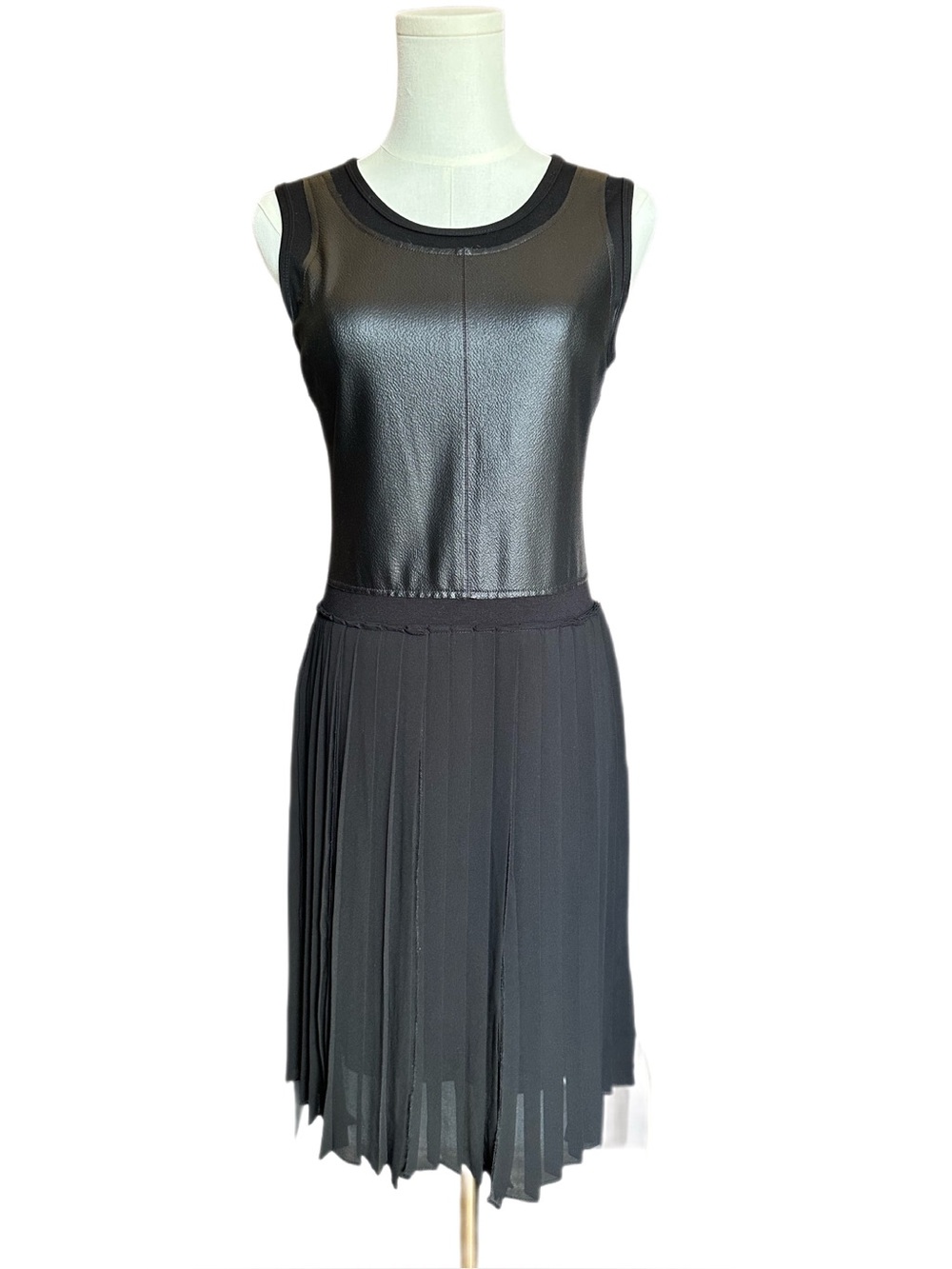 BCBGMaxazria Cleo Black Faux Leather Pleated Drop Waist Dress Size S